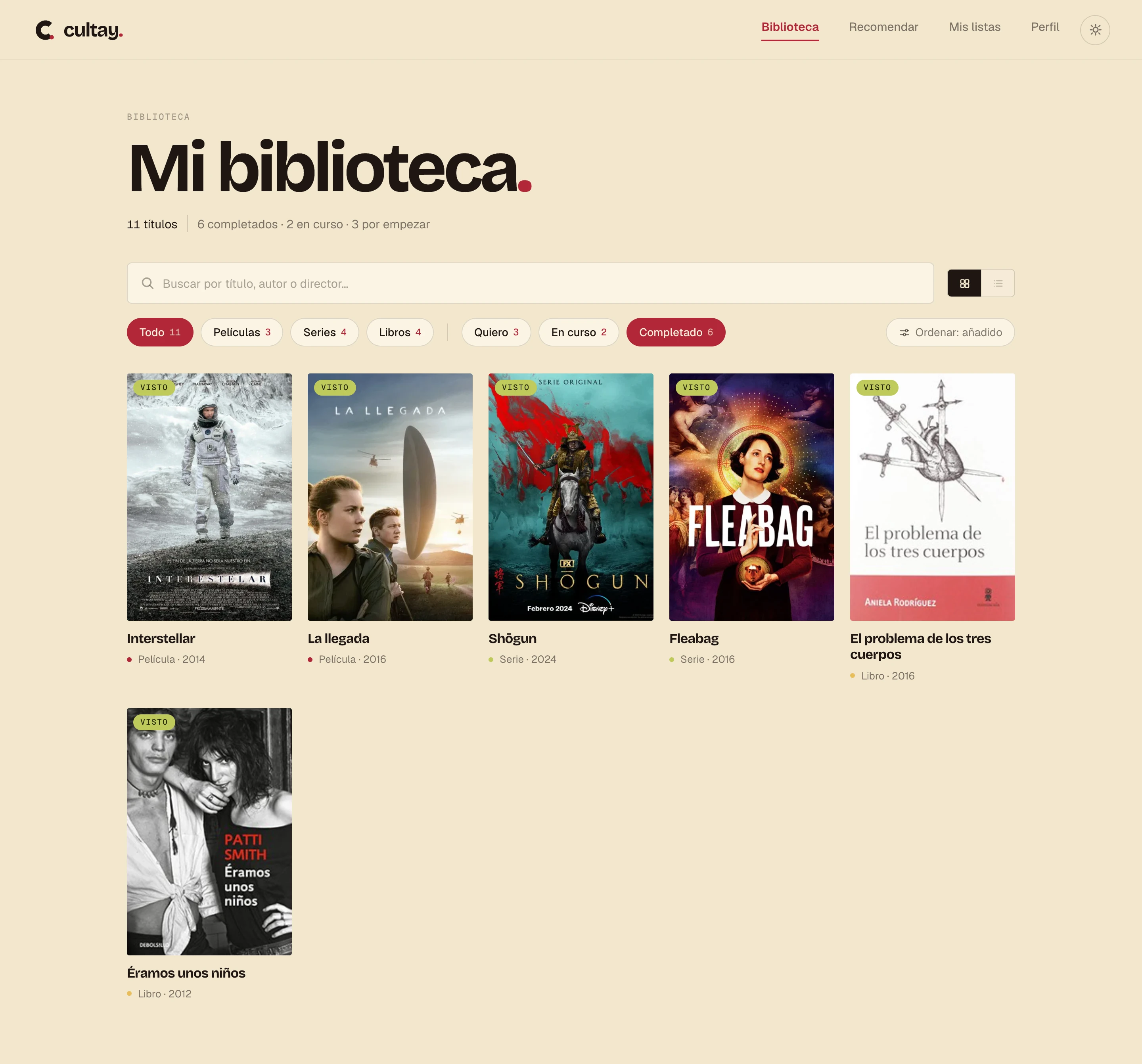 La biblioteca de cultay: portadas, estados y filtros por título, autor o director.